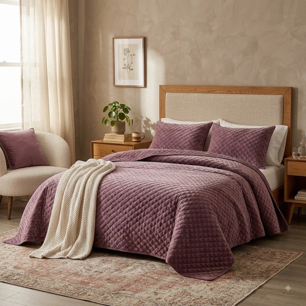 Zera Octa Purple 100% Velvet Quilt /Coverlet 3 Piece Set with Pillowcase Queen